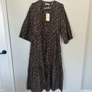 NWT Doen Honey Dress Black Petit Jardin Print Nap Midi Floral Cotton Sz L